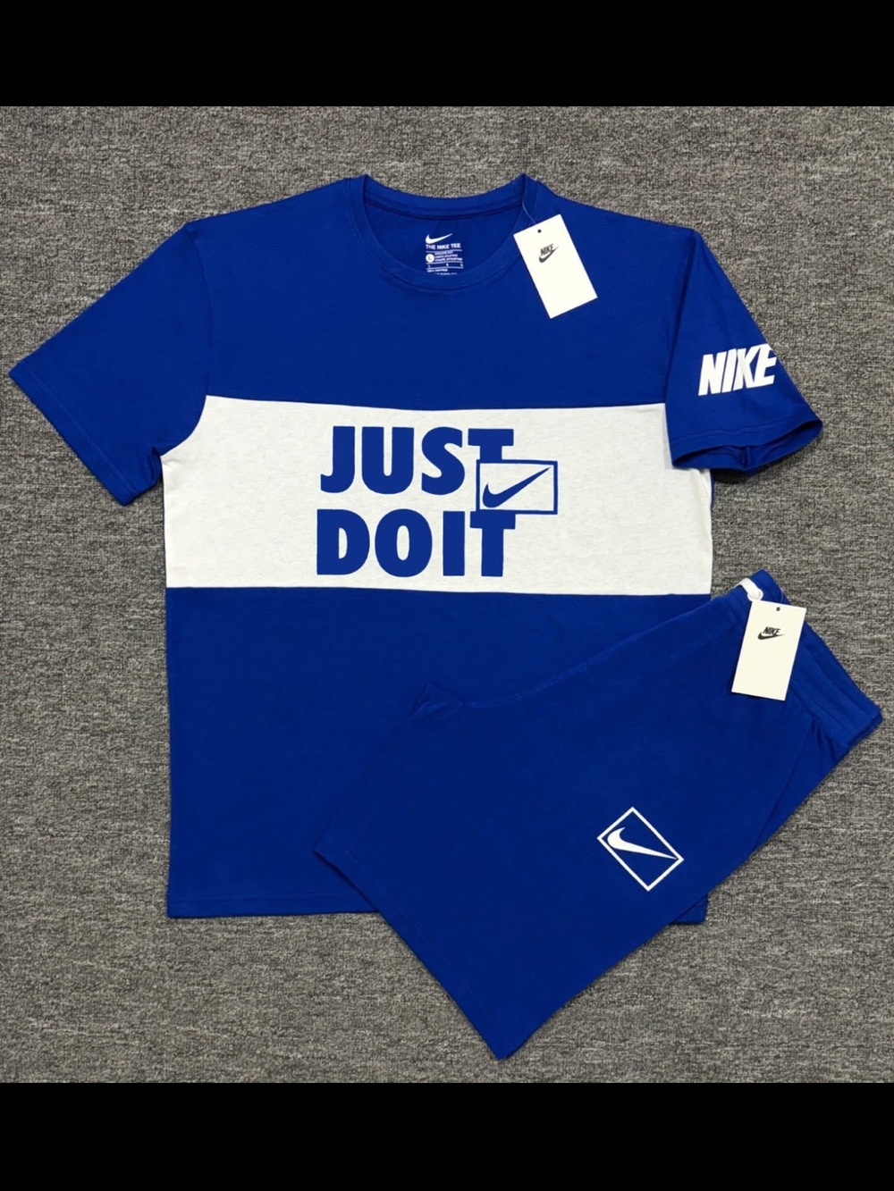 Nike Blue and White 'Just Do It' Athletic Shorts Set